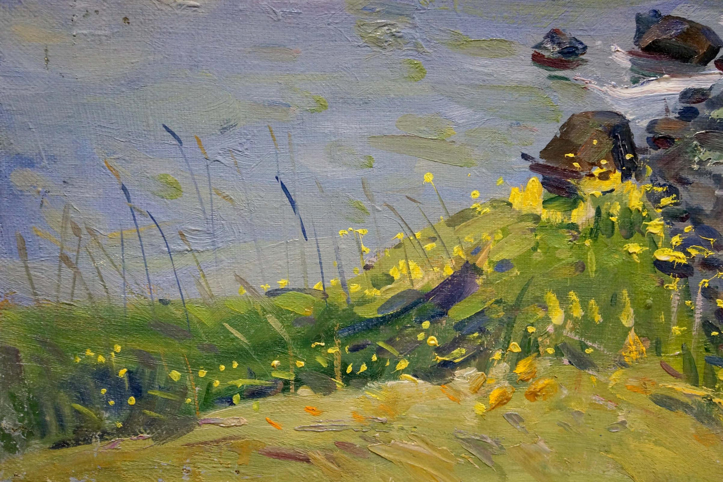 Vibrant oil painting by Tyukha Ivan Andreevich: sunlit coastal scene with yellow wildflowers