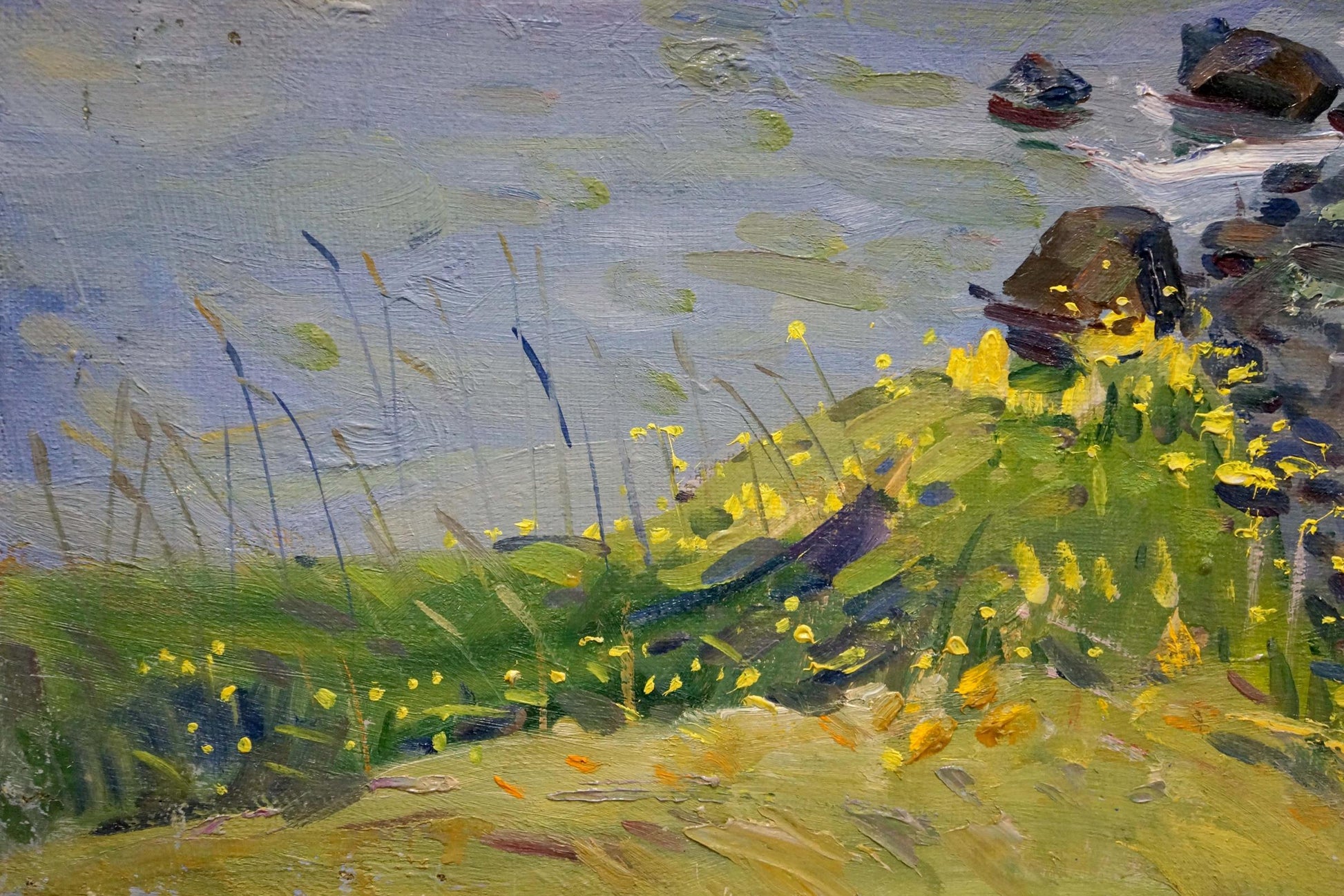 Vibrant oil painting by Tyukha Ivan Andreevich: sunlit coastal scene with yellow wildflowers