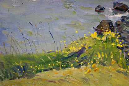 Vibrant oil painting by Tyukha Ivan Andreevich: sunlit coastal scene with yellow wildflowers