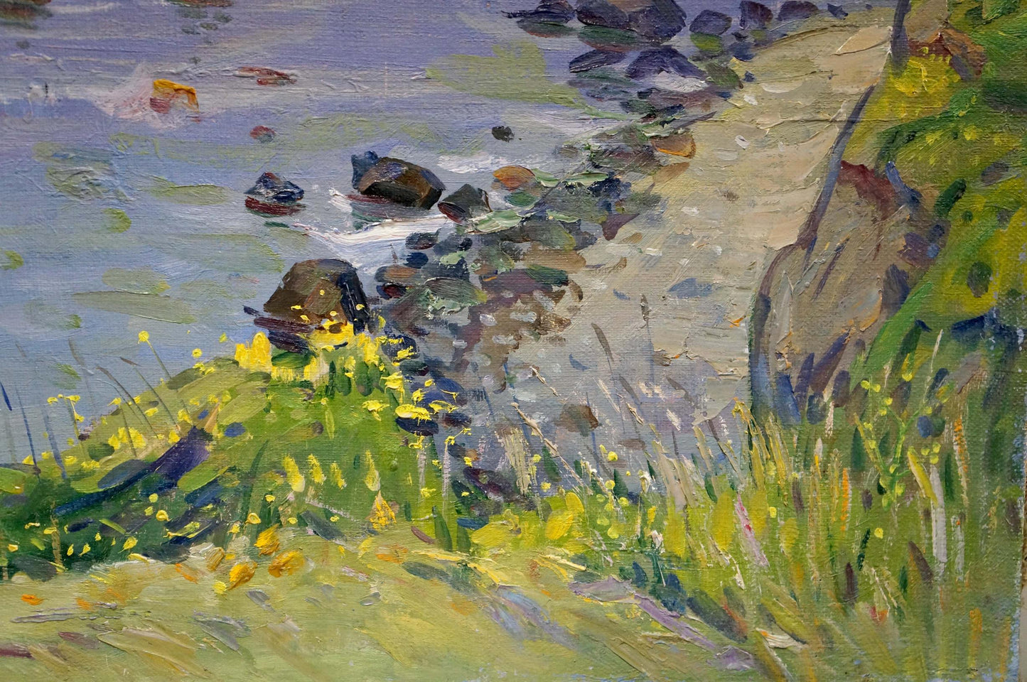 Vibrant impressionist oil painting by Tyukha Ivan Andreevich of rocky shoreline with yellow wildflowers