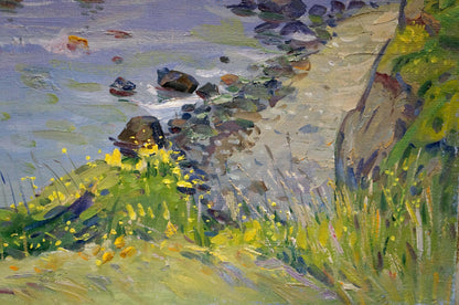 Vibrant impressionist oil painting by Tyukha Ivan Andreevich of rocky shoreline with yellow wildflowers