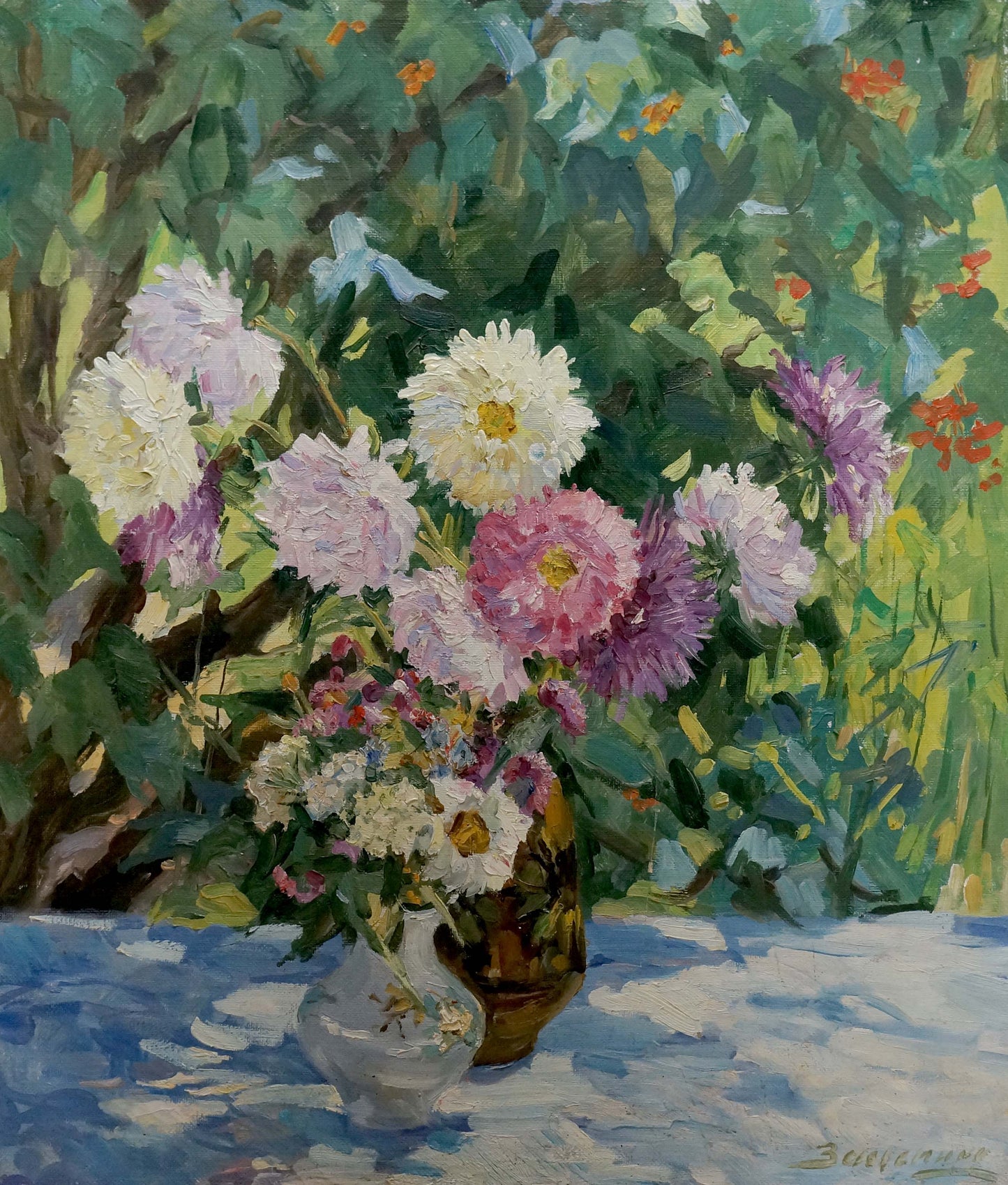 Oil painting of vibrant white, pink, purple asters by Zatsepina Zinaida Ilyinichna