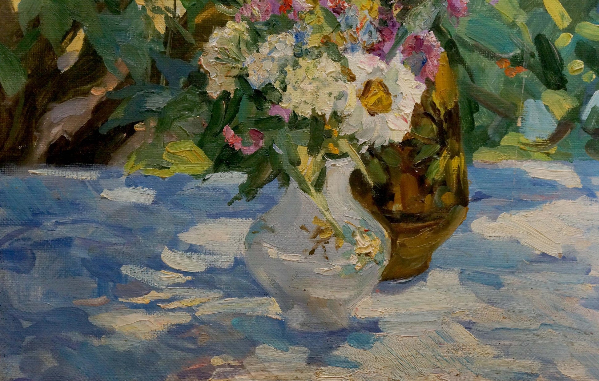 Oil painting of autumn asters by Zatsepina Zinaida Ilyinichna in white vase