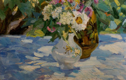 Oil painting of autumn asters by Zatsepina Zinaida Ilyinichna in white vase