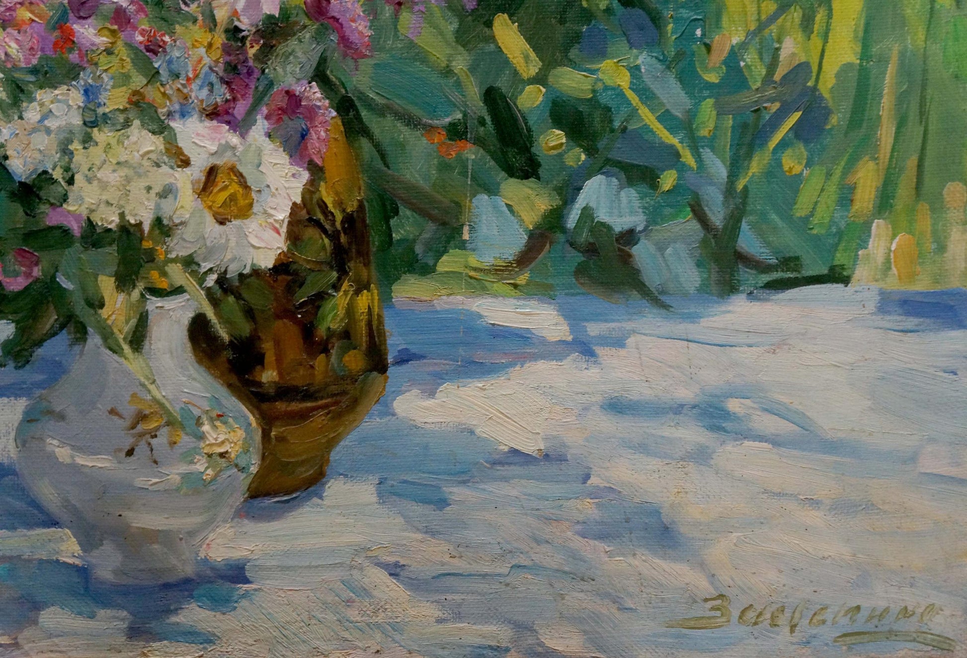 Oil painting of autumn asters by Zatsepina Zinaida Ilyinichna in white vase