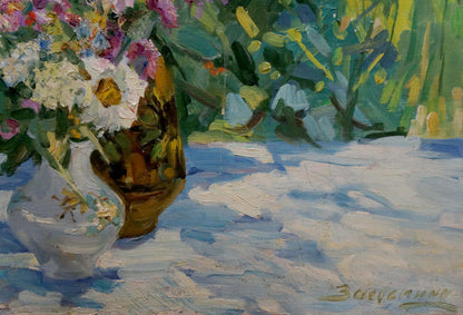 Oil painting of autumn asters by Zatsepina Zinaida Ilyinichna in white vase