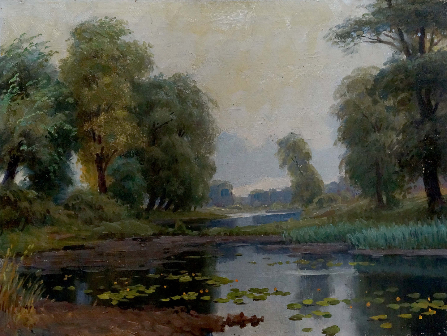 Serene swamp landscape oil painting with tranquil river, lily pads, lush trees