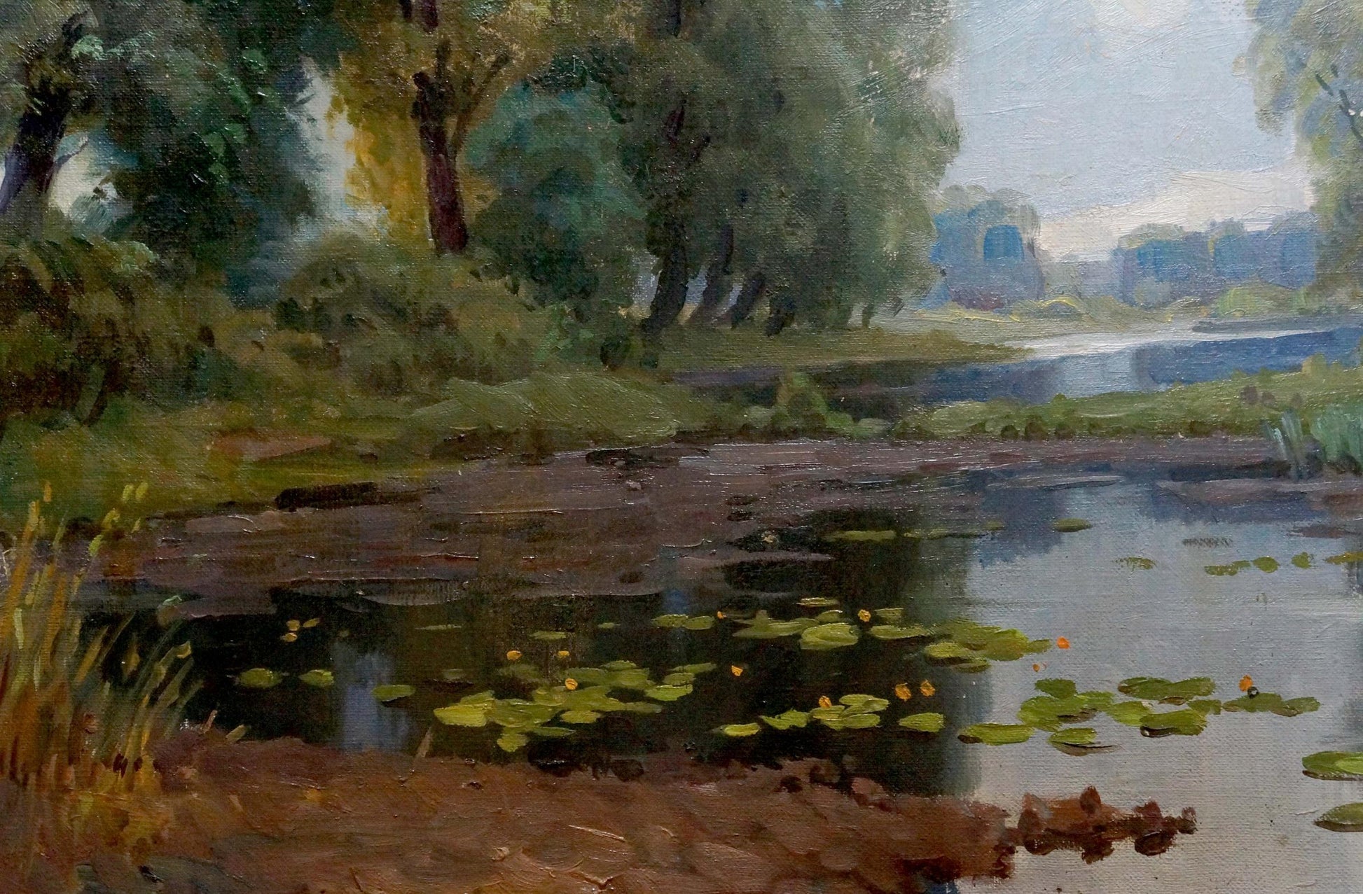 Serene oil painting of swamp landscape with riverbank, lily pads, lush trees