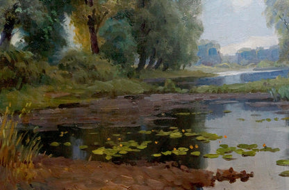 Serene oil painting of swamp landscape with riverbank, lily pads, lush trees