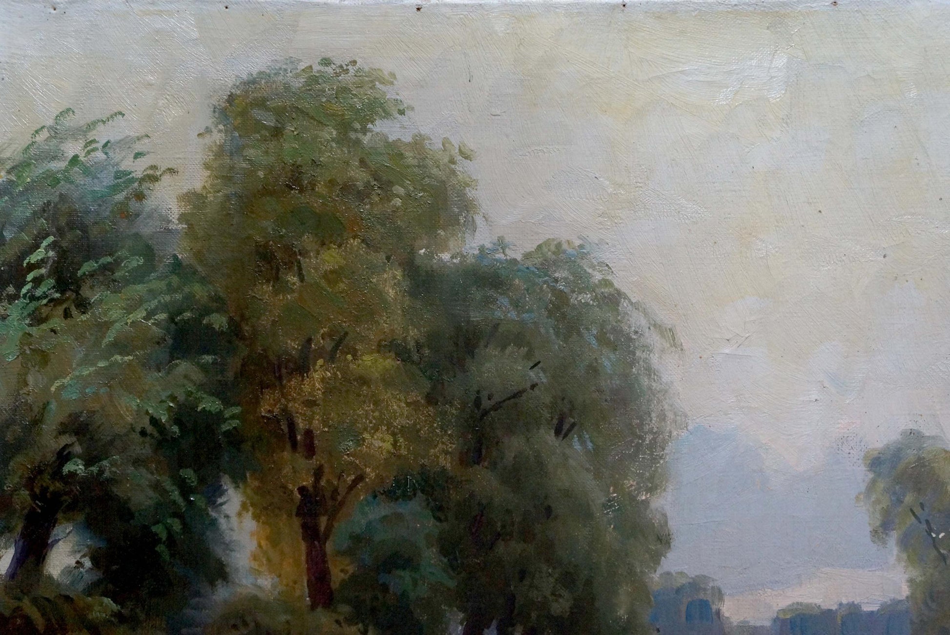 Oil painting of swamp landscape with lush green trees and dappled sunlight