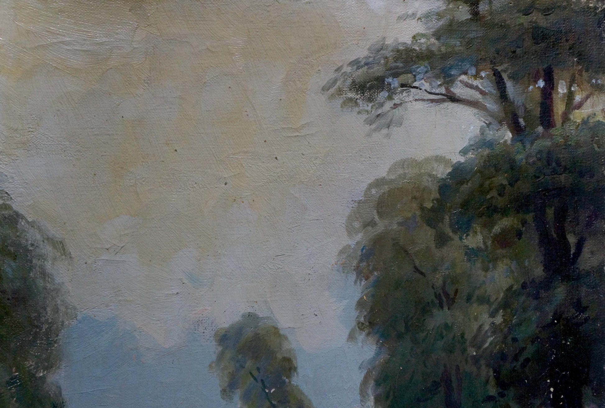 Textured oil painting of swamp landscape with lush green trees and pale sky