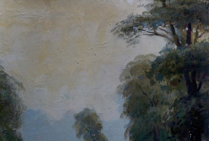 Textured oil painting of swamp landscape with lush green trees and pale sky