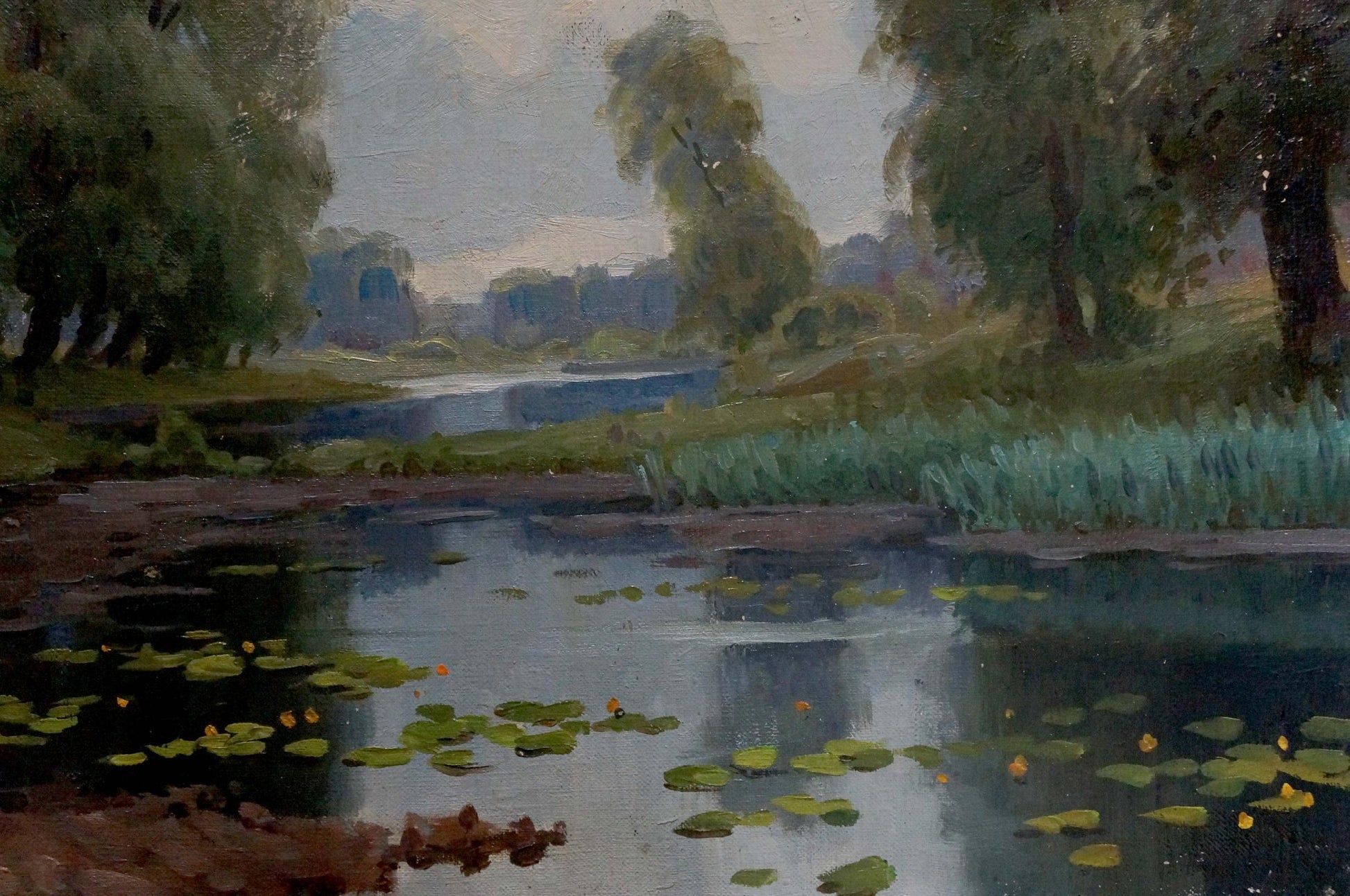 Serene oil painting of swamp landscape with river, trees, and lily pads