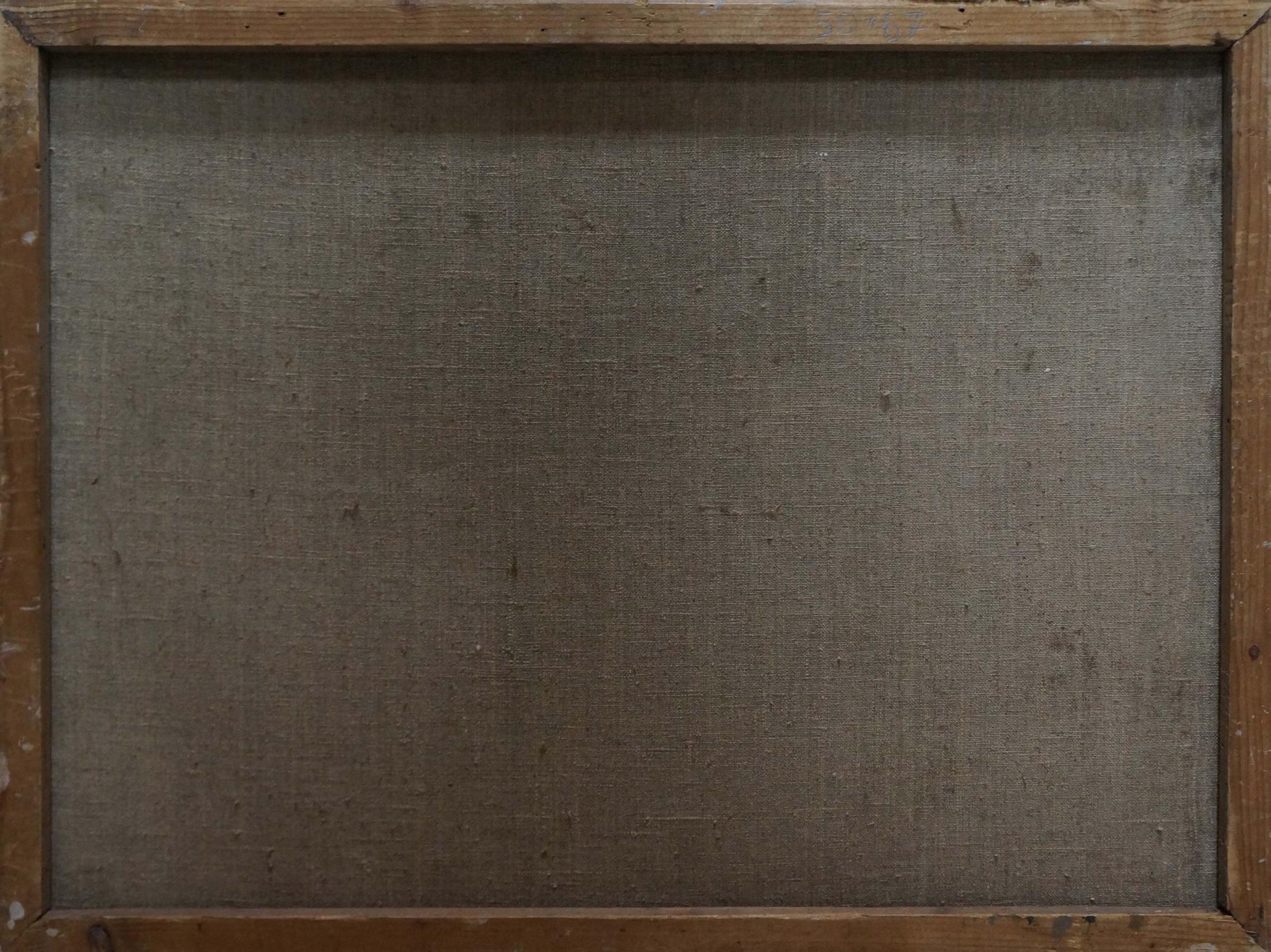 Back of Oil painting Swamp landscape in weathered wooden frame