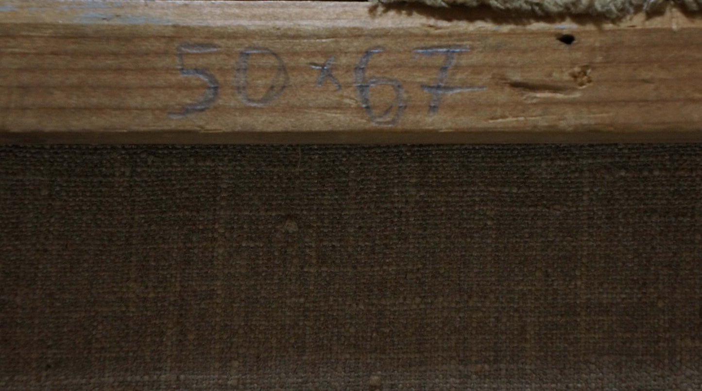 Back of Oil painting Swamp landscape rustic stretcher bar with faded blue markings