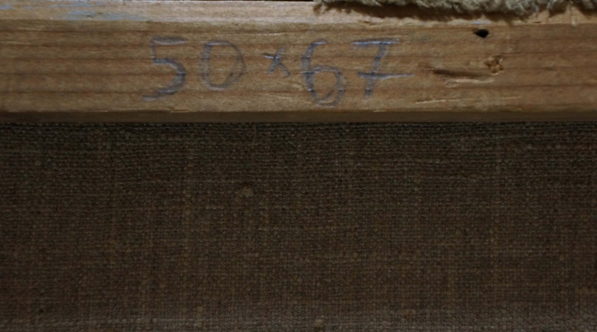 Back of Oil painting Swamp landscape rustic stretcher bar with faded blue markings