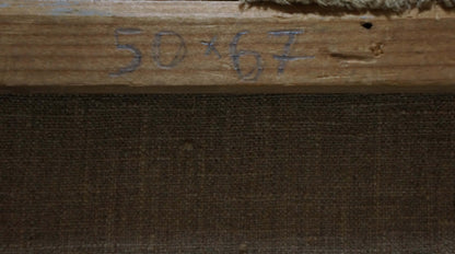 Back of Oil painting Swamp landscape rustic stretcher bar with faded blue markings