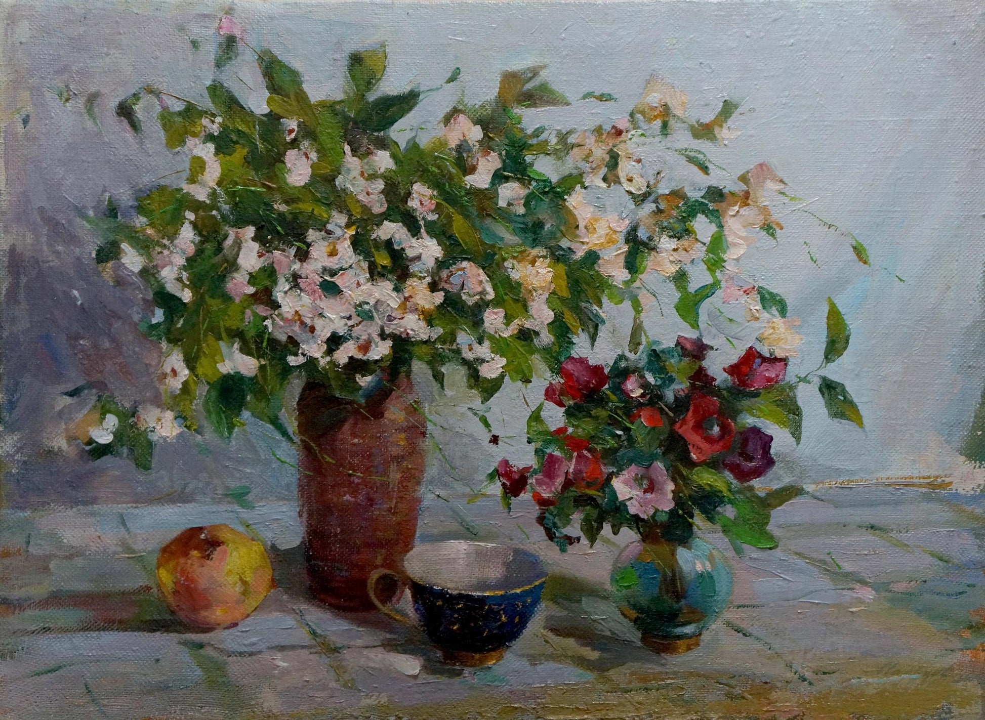 Oil painting of lush white and pink blossoms in textured ceramic vase by Evgeny Vsevolodovich Volobuev
