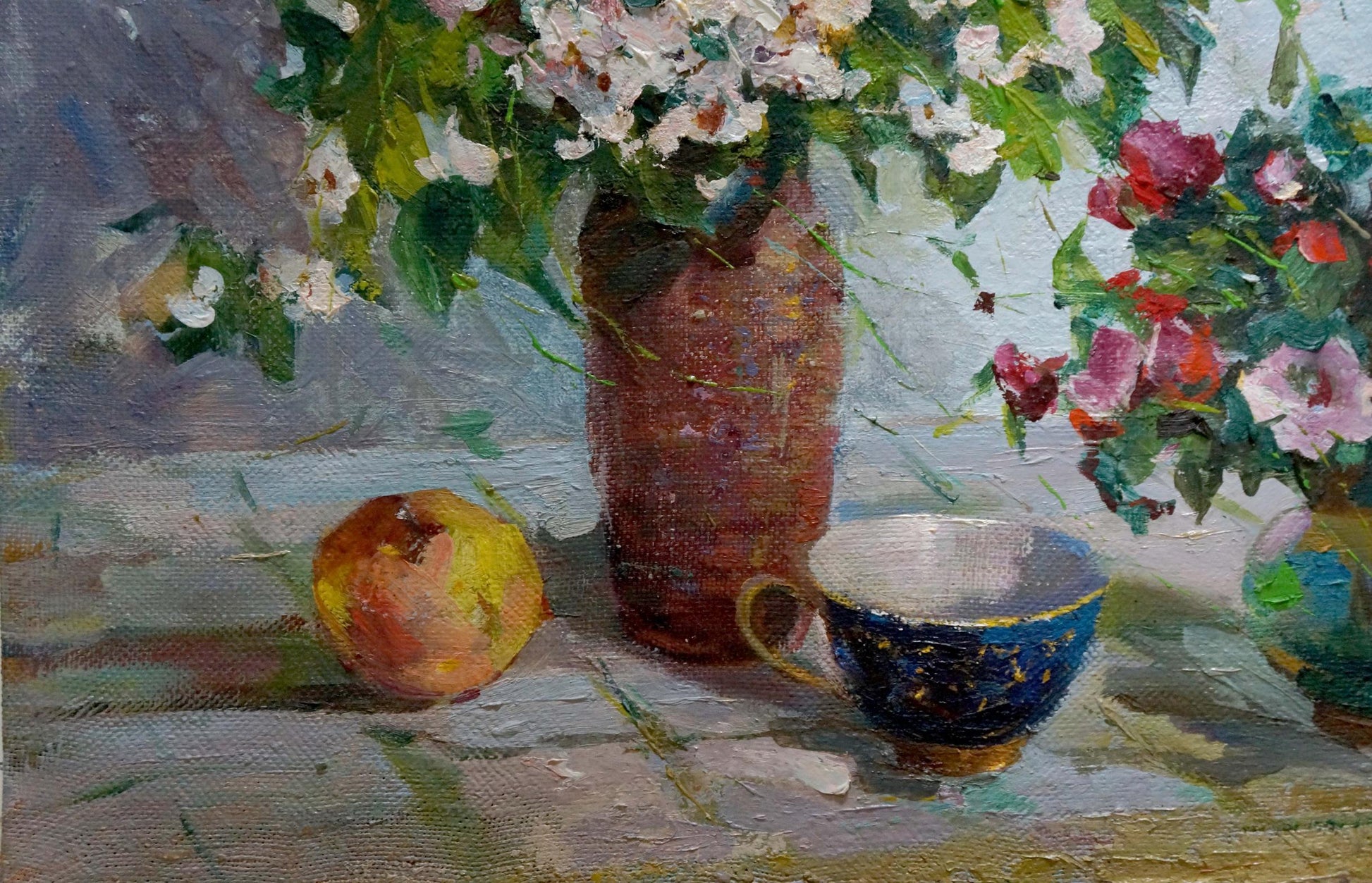 Oil painting by Evgeny Vsevolodovich Volobuev of tea and flowers in rustic vase