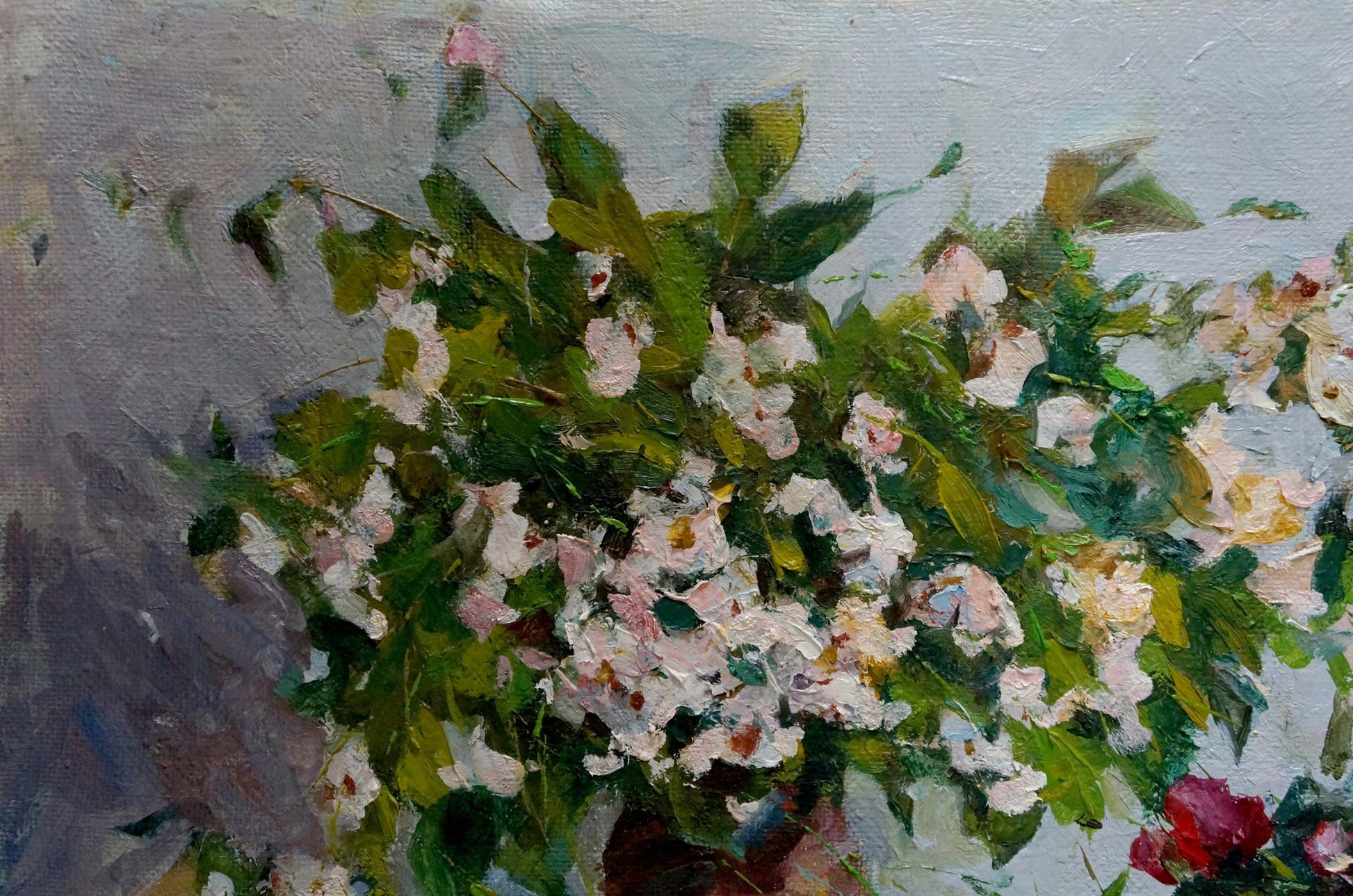 Oil painting Tea and flowers by Evgeny Vsevolodovich Volobuev with pink blossoms