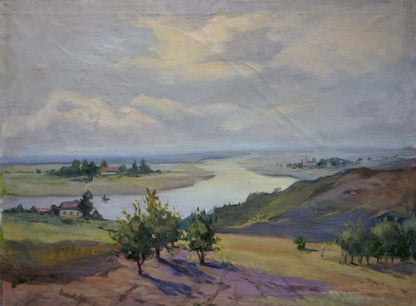 Oil painting Beautiful view: impressionistic landscape with winding river under cloudy sky