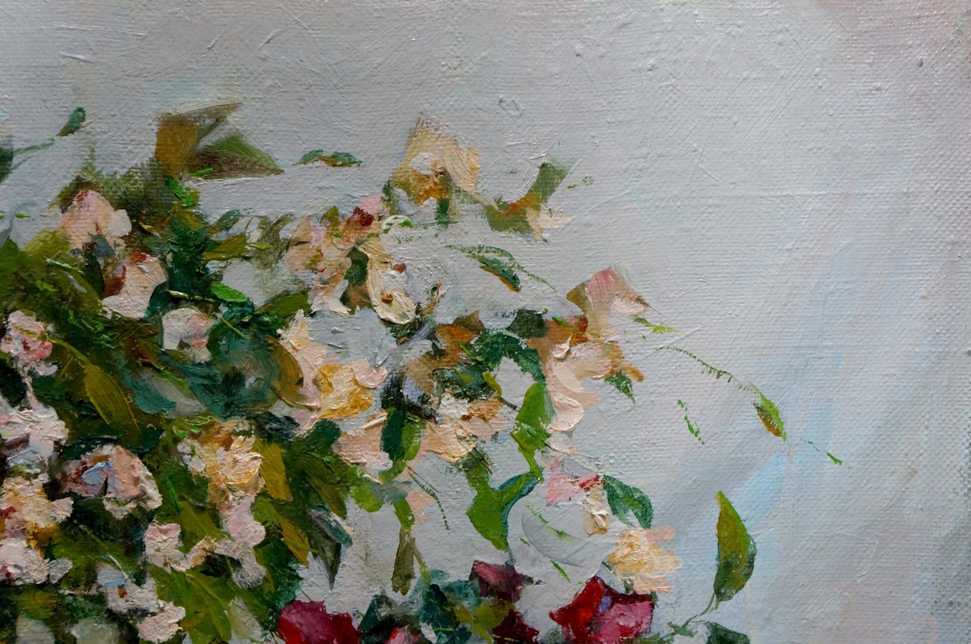 Oil painting Tea and flowers by Evgeny Vsevolodovich Volobuev with pink blossoms