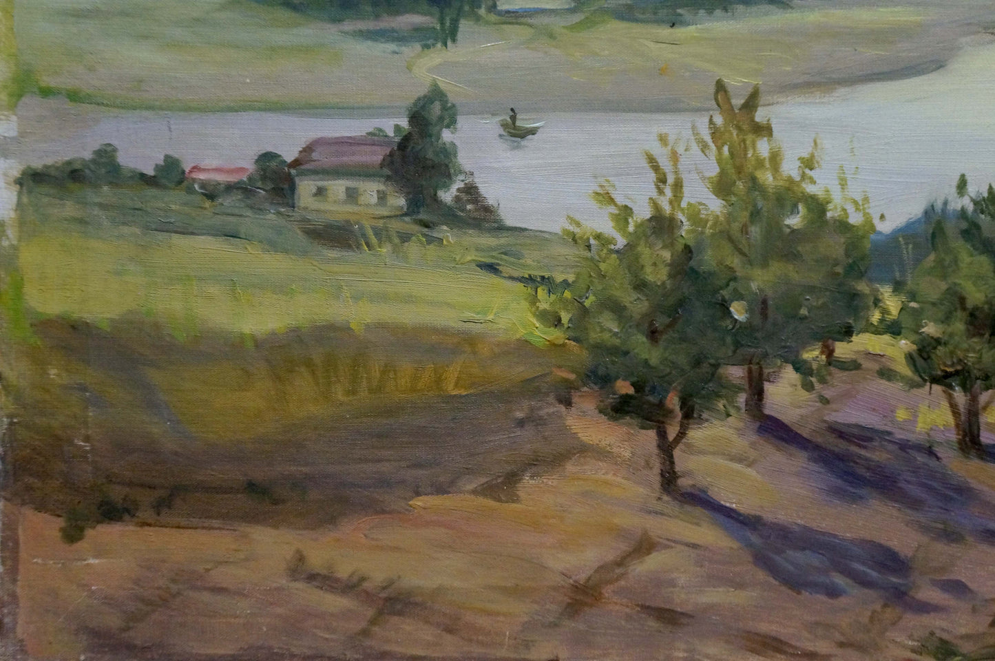 Oil painting Beautiful view: impressionistic green hills, lake with boat, trees