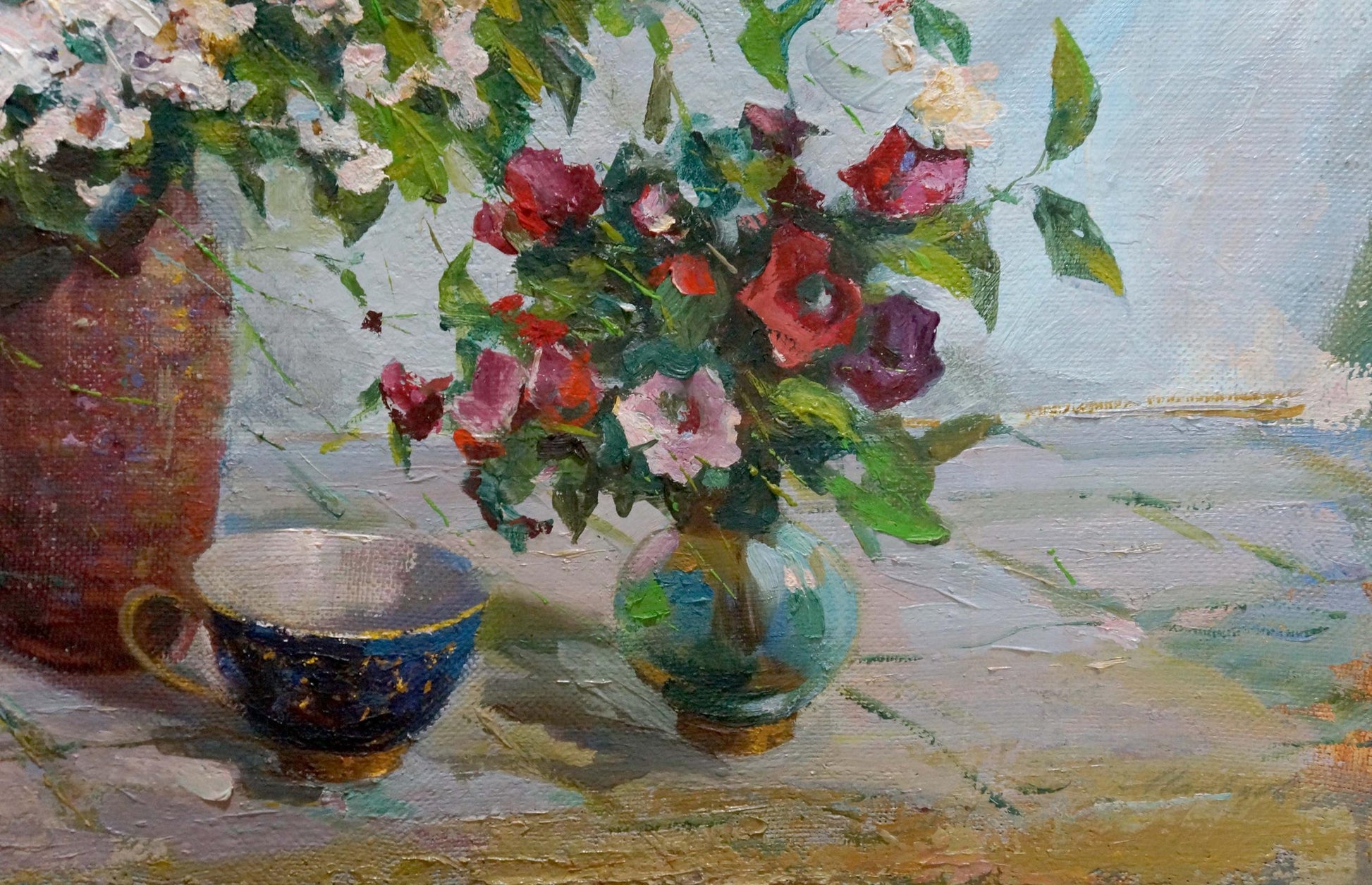 Oil painting of vibrant red pink white roses in turquoise vase by Volobuev