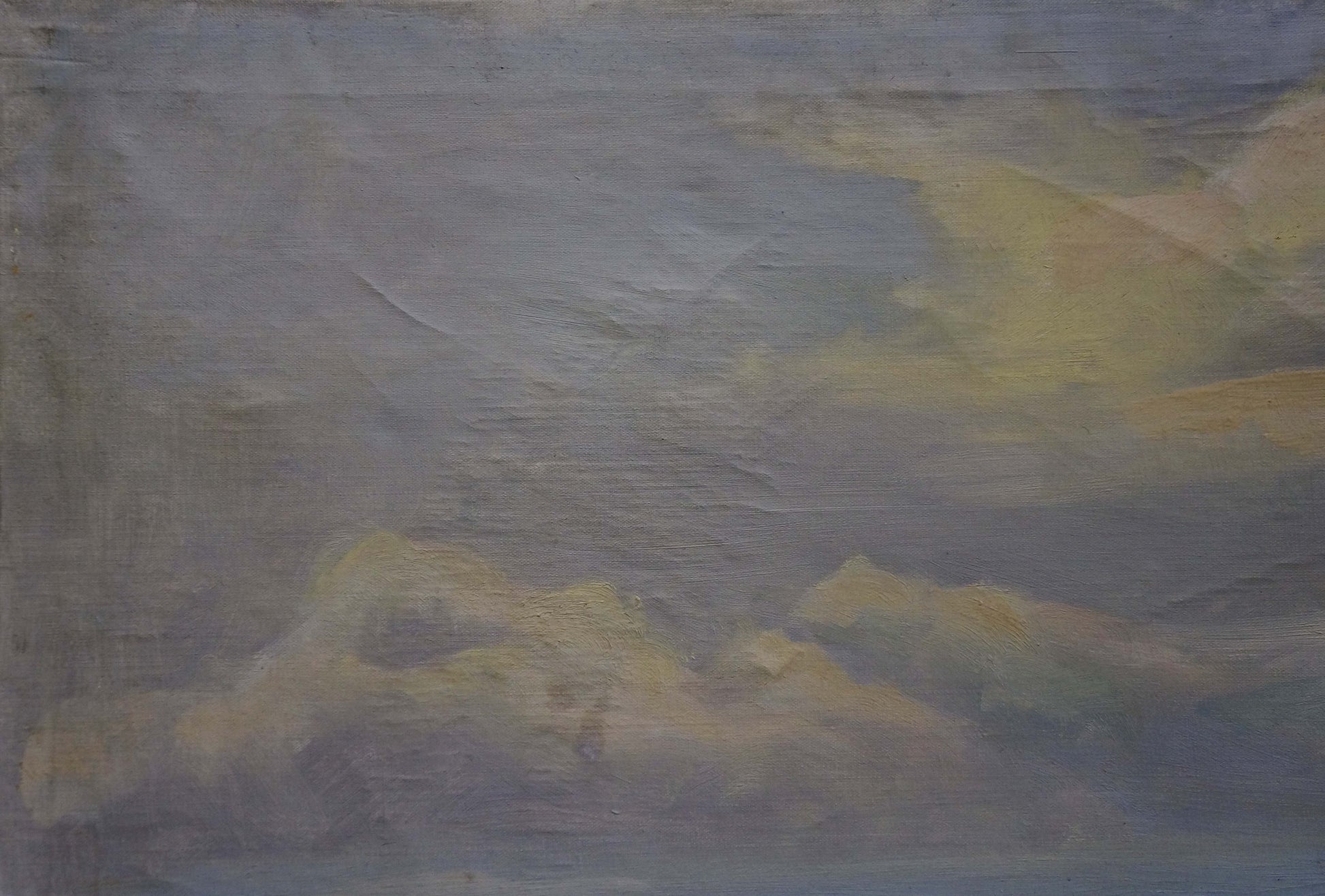 Oil painting Beautiful view of soft textured cloudy sky in muted grays and yellows
