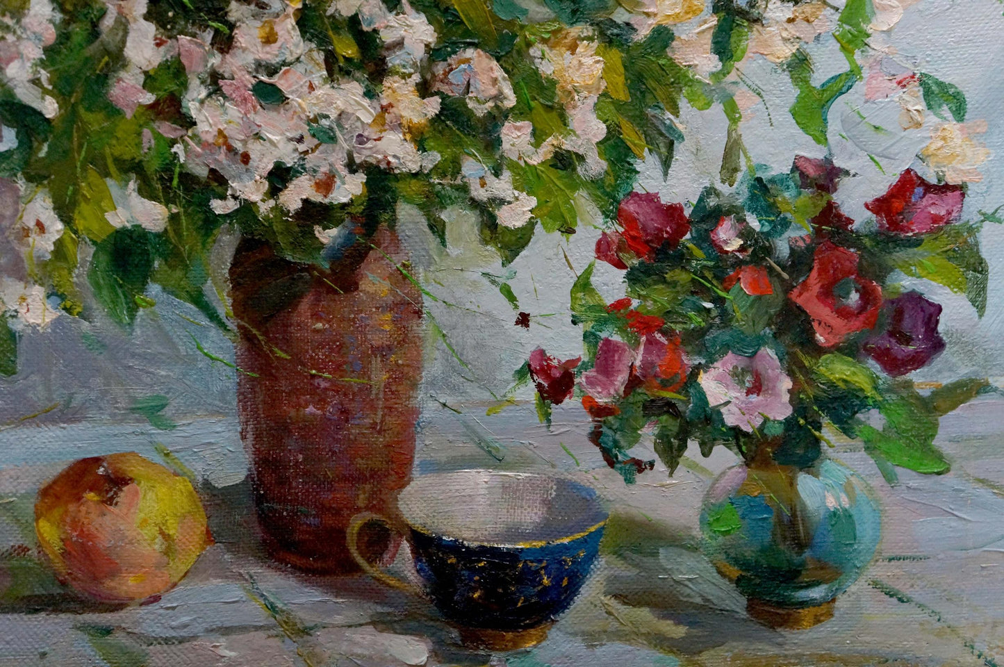Oil painting by Evgeny Vsevolodovich Volobuev of tea and flowers in rustic vase