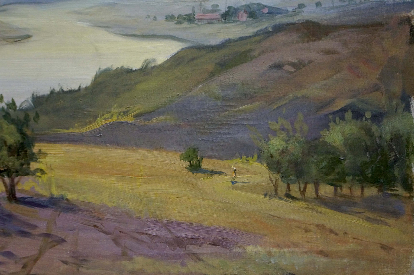 Serene oil painting of beautiful countryside with golden fields and hills