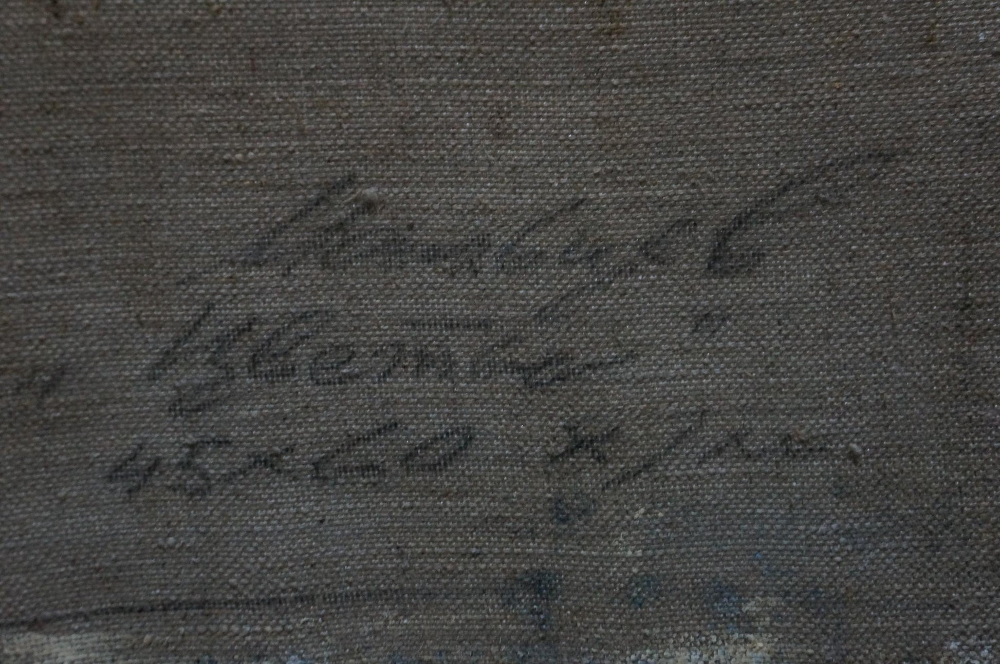 Handwritten signature by Evgeny Vsevolodovich Volobuev on dark gray textured canvas back of oil painting Tea and flowers