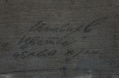 Handwritten signature by Evgeny Vsevolodovich Volobuev on dark gray textured canvas back of oil painting Tea and flowers