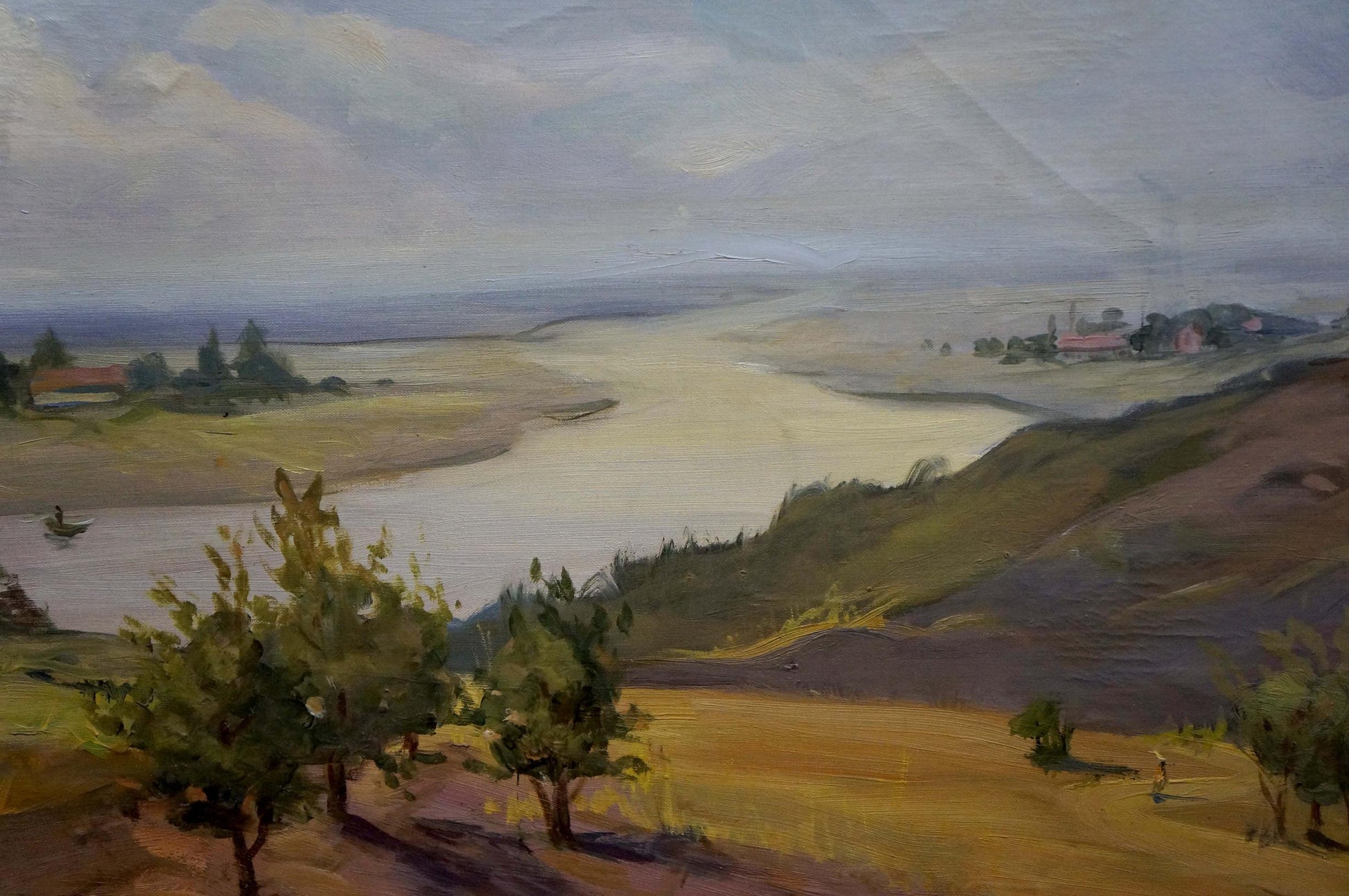 Serene oil painting of beautiful river view through autumn hills