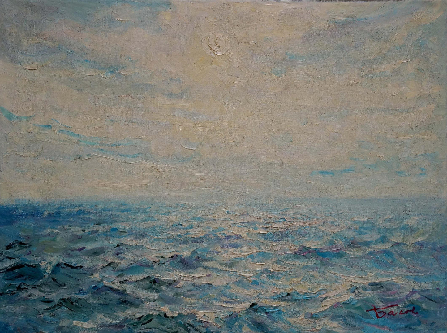 Oil painting Seascape by Sergey Basov: turbulent ocean under overcast sky