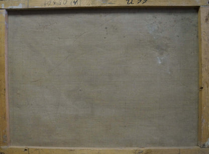 Back of wooden-framed Oil painting Beautiful view canvas with beige textured surface