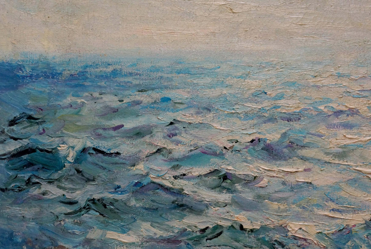 Textured impressionist oil painting of churning seascape waves by Sergey Basov
