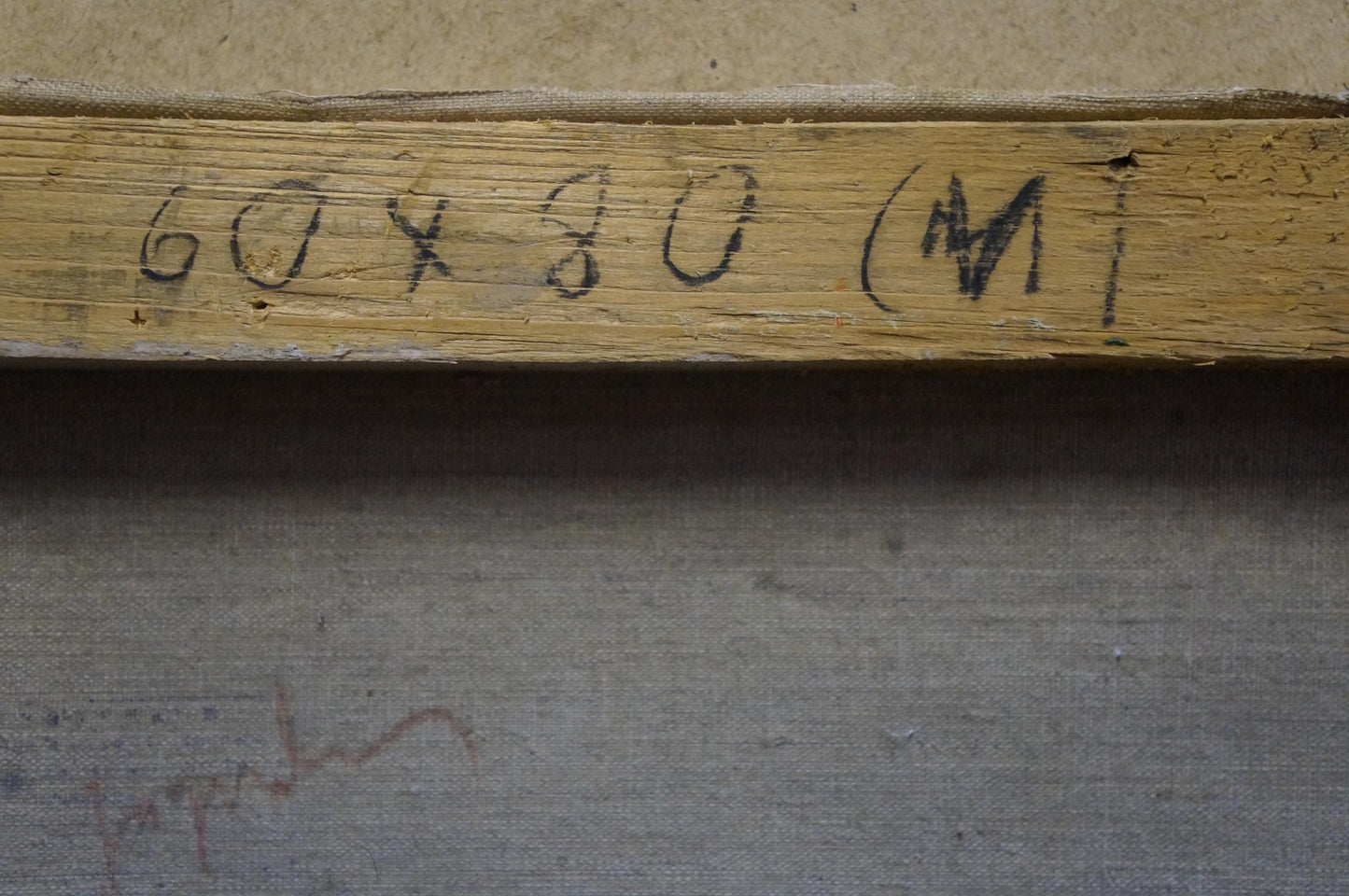 Back of Oil painting Beautiful view: weathered stretcher bar with dimension markings