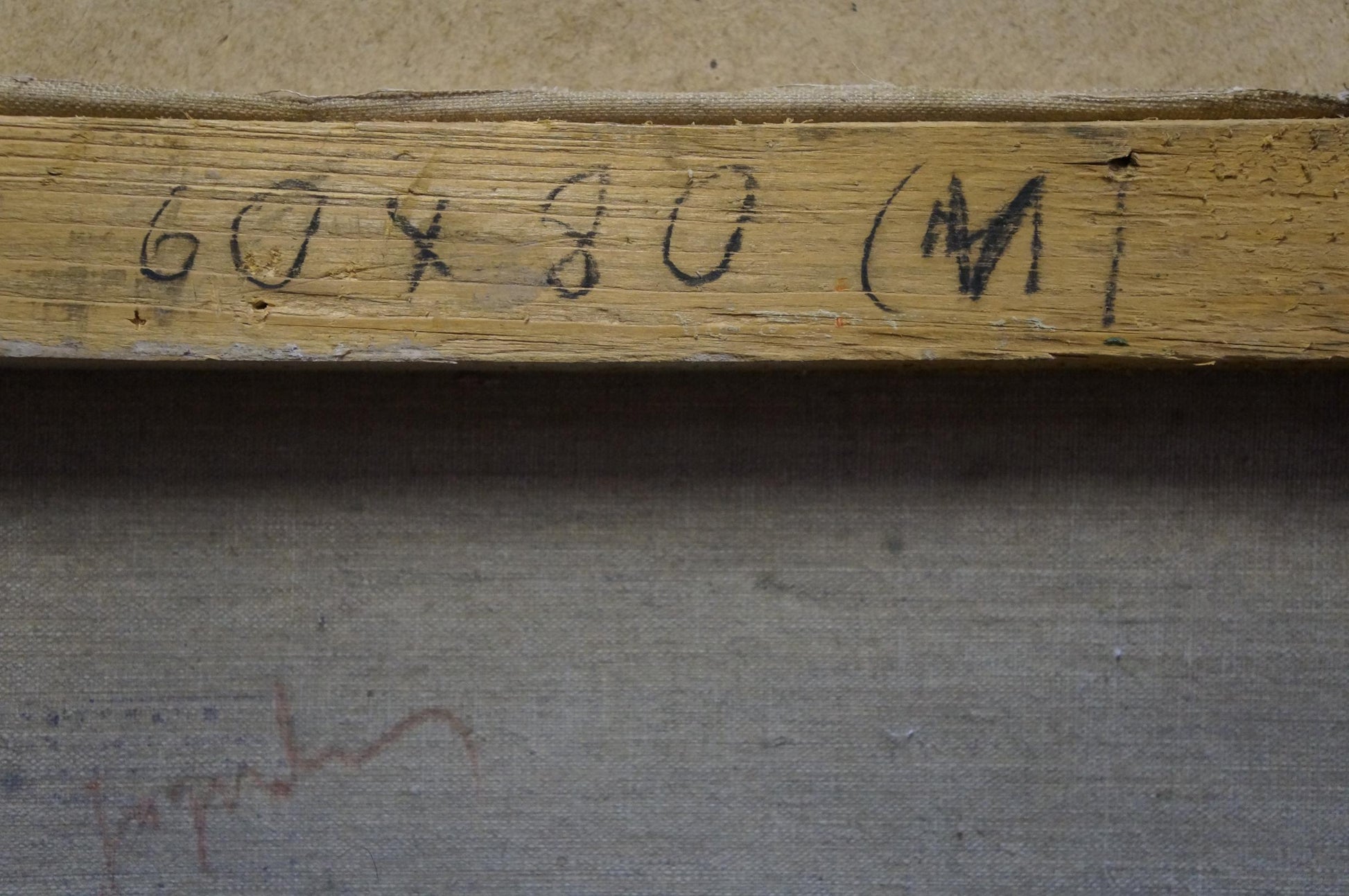 Back of Oil painting Beautiful view: weathered stretcher bar with dimension markings