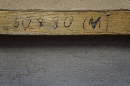 Back of Oil painting Beautiful view: weathered stretcher bar with dimension markings