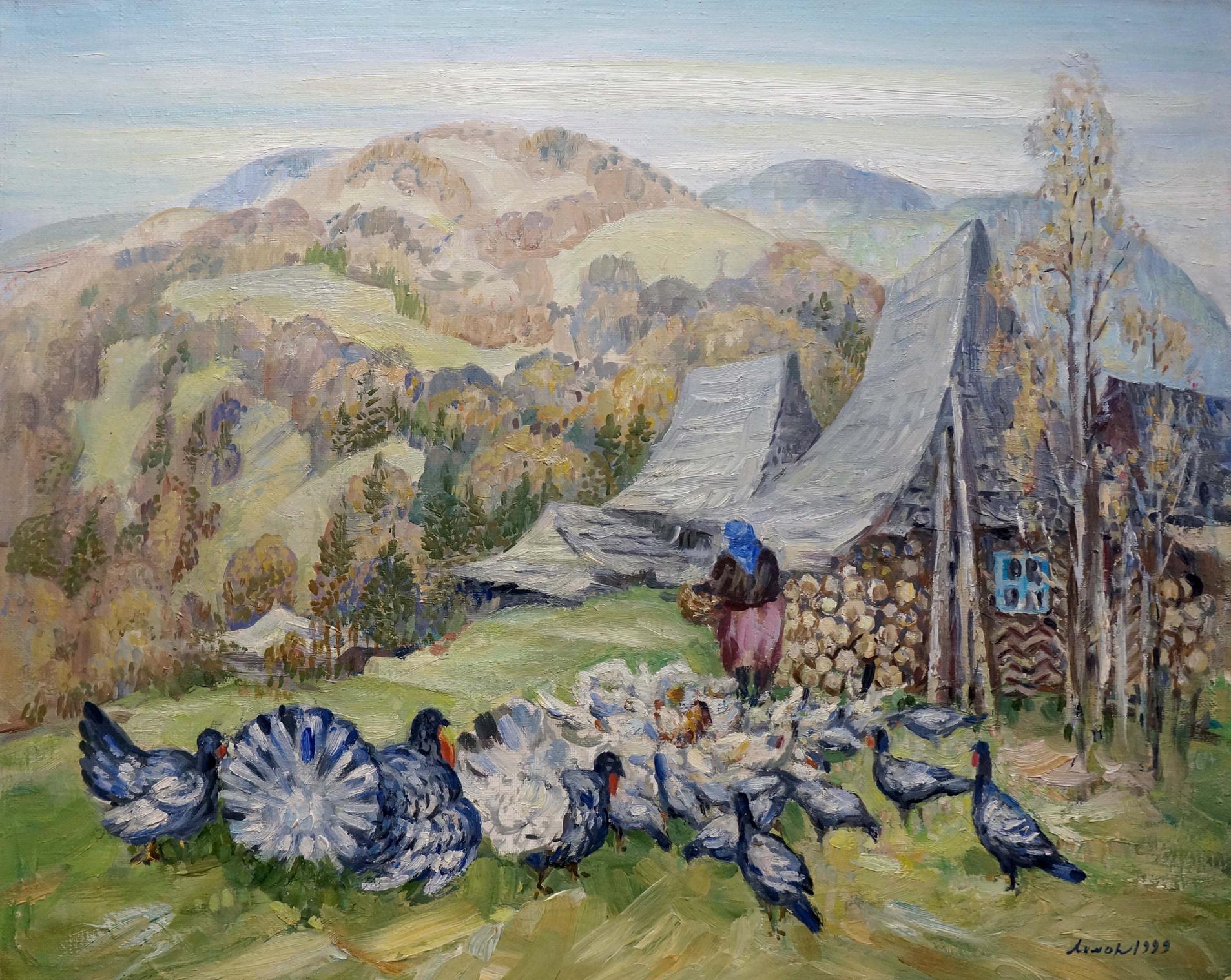 Oil painting of rustic Carpathian cabin by Limar Anatoly Pavlovich