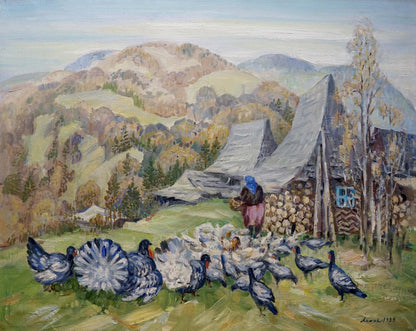 Oil painting of rustic Carpathian cabin by Limar Anatoly Pavlovich