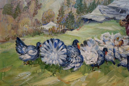 Vibrant oil painting by Limar Anatoly Pavlovich of blue and white turkeys in Carpathian landscape
