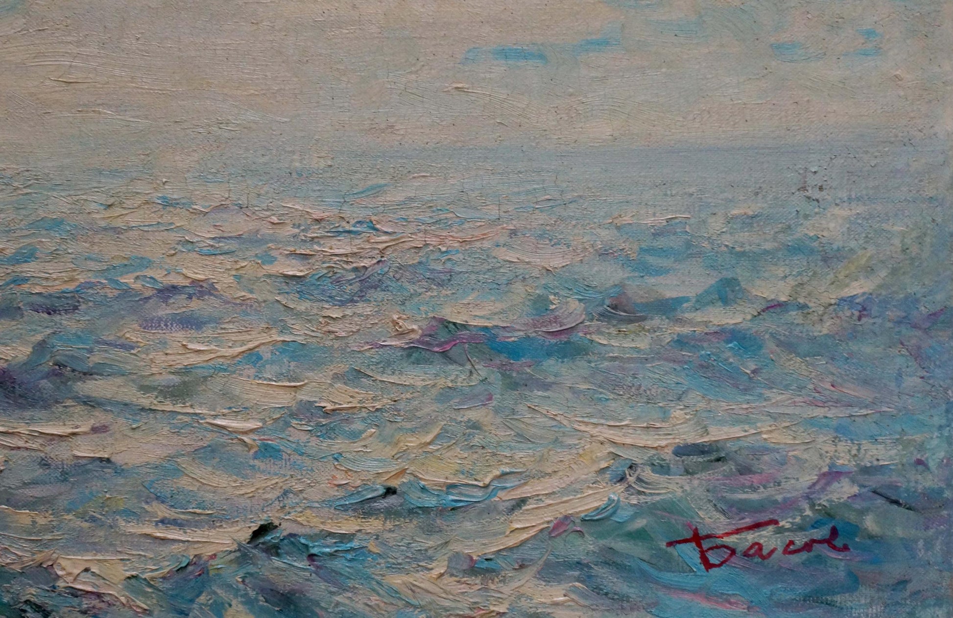 Textured oil painting of turbulent blue-white seascape by Sergey Basov