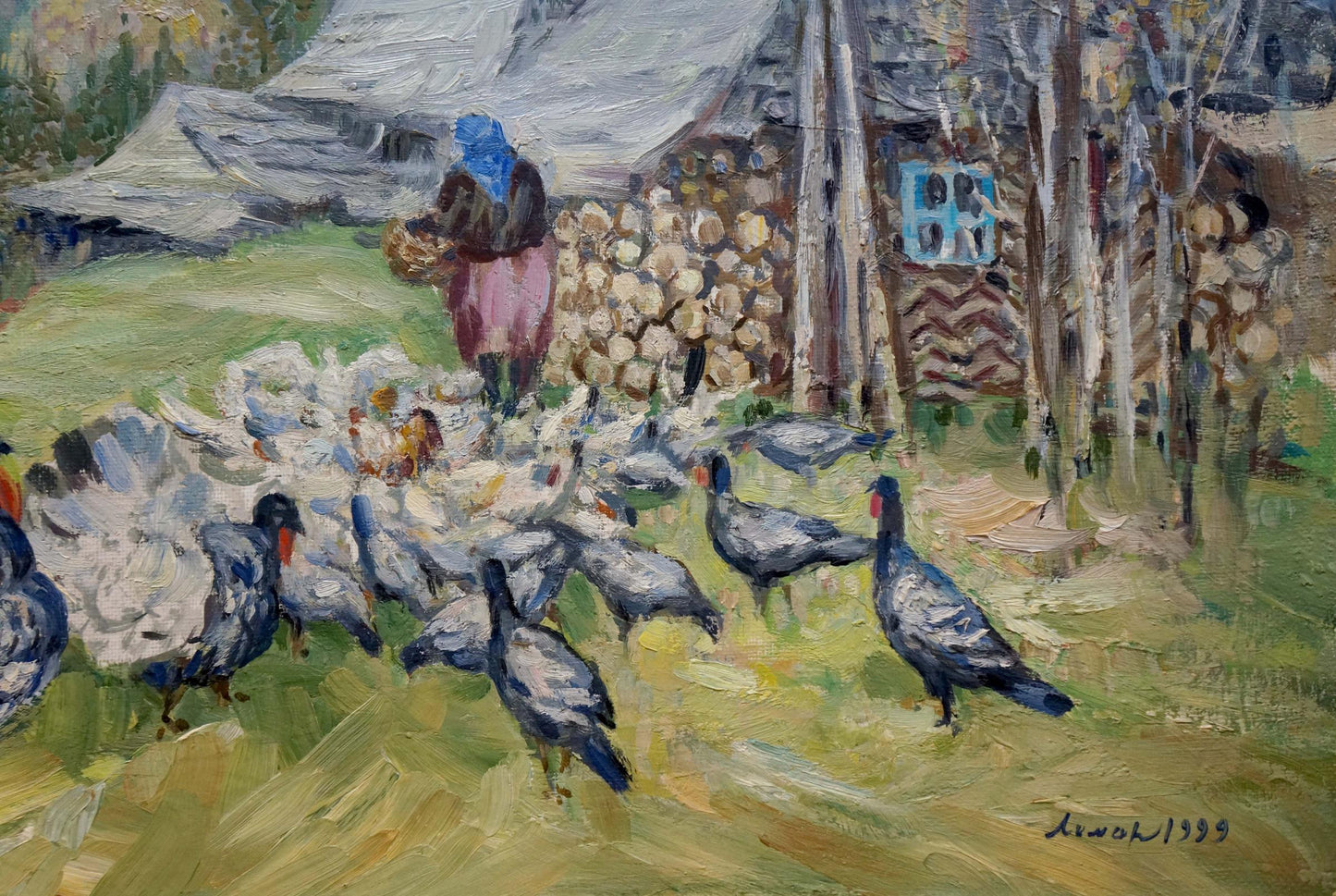 Rustic oil painting by Limar Anatoly Pavlovich: woman in blue headscarf by wood pile with chickens