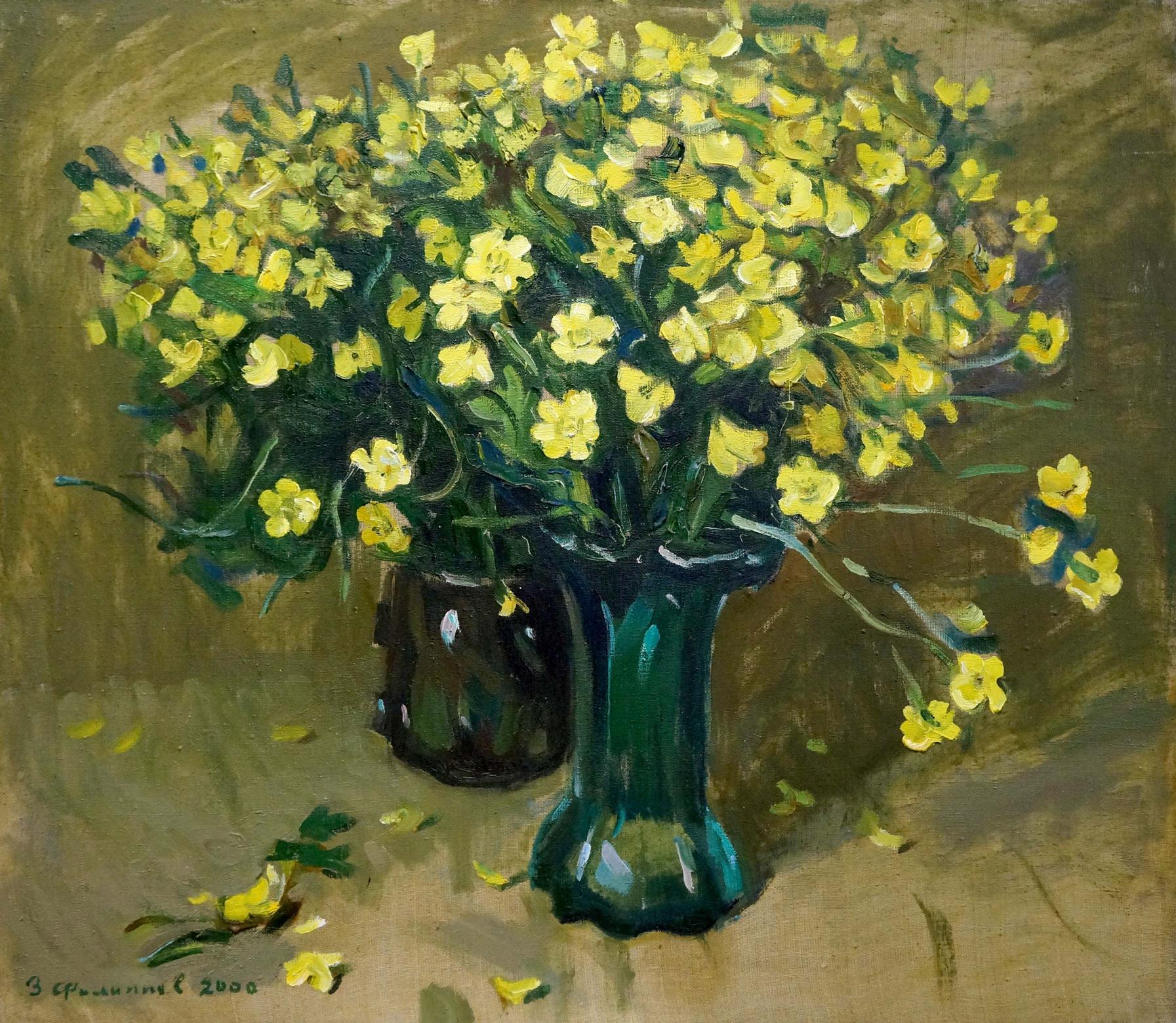 Oil painting Flowers Filippov Z.I. vibrant yellow bouquet in teal vase