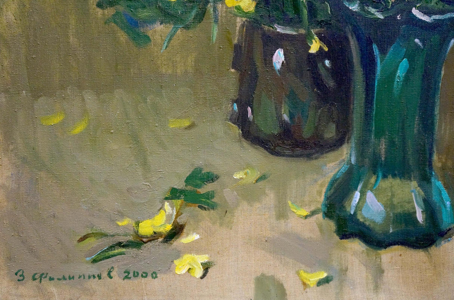 Oil painting Flowers Filippov Z.I. two green vases with yellow flowers