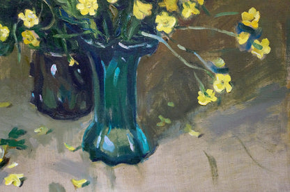 Oil painting Flowers Filippov Z. I. teal glass vase with yellow flowers