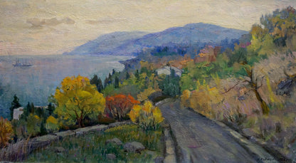 Oil painting Odessa landscape by Matyushin N: autumn road, yellow trees, mountains