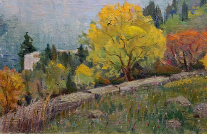 Vibrant yellow tree in Matyushin N. oil painting Odessa autumn landscape